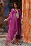 Shop_Charu Makkar_Purple Silk, Organza Embroidery, Zari Split V-neck Raha Kurta Set _Online_at_Aza_Fashions