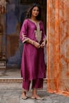 Charu Makkar_Purple Silk, Organza Embroidery, Zari Split V-neck Raha Kurta Set _at_Aza_Fashions