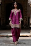 Charu Makkar_Purple Silk, Organza Embroidery V-neck Sargun Kurta Set _Online_at_Aza_Fashions