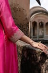 Charu Makkar_Pink Silk, Organza Embroidery, Fringe Split V-neck Seerat Kurta Set _Online_at_Aza_Fashions