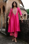 Shop_Charu Makkar_Pink Silk, Organza Embroidery, Fringe Split V-neck Seerat Kurta Set _Online_at_Aza_Fashions