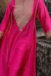 Charu Makkar_Pink Silk, Organza Embroidery, Fringe Split V-neck Seerat Kurta Set _at_Aza_Fashions