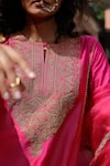 Buy_Charu Makkar_Pink Silk, Organza Embroidery, Fringe Split V-neck Seerat Kurta Set 