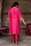 Shop_Charu Makkar_Pink Silk, Organza Embroidery, Sequins Split V-neck Basant Kurta Set _at_Aza_Fashions