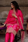 Charu Makkar_Pink Silk, Organza Embroidery, Sequins Split V-neck Basant Kurta Set _Online_at_Aza_Fashions
