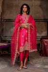 Charu Makkar_Pink Silk, Organza Embroidery, Sequins Split V-neck Basant Kurta Set _at_Aza_Fashions