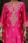 Shop_Charu Makkar_Pink Silk, Organza Embroidery, Sequins Split V-neck Basant Kurta Set 