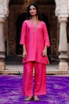 Buy_Charu Makkar_Pink Silk, Organza Embroidery, Gota Patti Split V-neck Babli Kurta Set _Online_at_Aza_Fashions