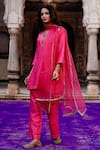 Charu Makkar_Pink Silk, Organza Embroidery, Gota Patti Split V-neck Babli Kurta Set _at_Aza_Fashions