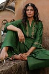 Shop_Charu Makkar_Green Silk Embroidery Split V-neck Ravina Kurta Set _Online_at_Aza_Fashions