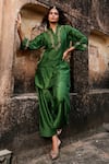 Shop_Charu Makkar_Green Silk Embroidery Split V-neck Ravina Kurta Set 