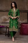 Charu Makkar_Green Silk, Shantoon, Organza Embroidery, Zari Split V-neck Kirat Kurta Set _at_Aza_Fashions