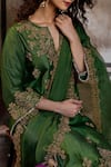 Charu Makkar_Green Silk, Shantoon, Organza Embroidery, Zari Split V-neck Kirat Kurta Set _Online