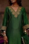 Shop_Charu Makkar_Green Silk, Organza Embroidery, Zari V-neck Farnaz Kurta Set 