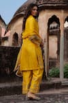 Charu Makkar_Mustard Silk, Shantoon, Organza Embroidery, Zari Split V-neck Sajal Kurta Set _Online_at_Aza_Fashions