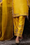Shop_Charu Makkar_Mustard Silk, Shantoon, Organza Embroidery, Zari Split V-neck Sajal Kurta Set _Online_at_Aza_Fashions