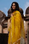 Charu Makkar_Mustard Silk, Shantoon, Organza Embroidery, Zari Split V-neck Sajal Kurta Set _at_Aza_Fashions