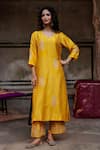 Shop_Charu Makkar_Mustard Silk, Organza Embroidery, Zari V-neck Rubina Kurta Set _Online_at_Aza_Fashions