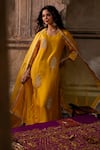 Charu Makkar_Mustard Silk, Organza Embroidery, Zari V-neck Rubina Kurta Set _at_Aza_Fashions