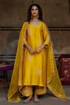 Buy_Charu Makkar_Mustard Silk, Organza Embroidery, Zari V-neck Rubina Kurta Set _at_Aza_Fashions