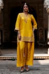 Charu Makkar_Mustard Silk, Organza Embroidery, Zari, Gota Patti V-neck Harnoor Kurta Set _Online_at_Aza_Fashions