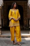 Buy_Charu Makkar_Mustard Silk, Organza Embroidery, Zari, Gota Patti V-neck Harnoor Kurta Set _Online_at_Aza_Fashions