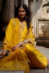 Shop_Charu Makkar_Mustard Silk, Organza Embroidery, Zari, Gota Patti V-neck Harnoor Kurta Set _Online_at_Aza_Fashions