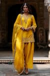 Buy_Charu Makkar_Mustard Silk, Organza Embroidery, Zari, Gota Patti V-neck Harnoor Kurta Set _at_Aza_Fashions