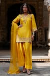 Buy_Charu Makkar_Mustard Silk, Organza Embroidery, Zari, Gota Patti V-neck Harnoor Kurta Set 