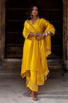 Buy_Charu Makkar_Mustard Silk, Shantoon, Organza Embroidery, Zari V-neck Wamiqa Kurta Set _Online_at_Aza_Fashions
