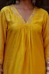 Shop_Charu Makkar_Mustard Silk, Shantoon, Organza Embroidery, Zari V-neck Wamiqa Kurta Set _Online_at_Aza_Fashions