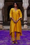 Charu Makkar_Mustard Silk, Shantoon, Organza Embroidery, Zari V-neck Wamiqa Kurta Set _at_Aza_Fashions