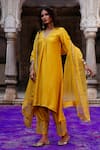 Shop_Charu Makkar_Mustard Silk, Shantoon, Organza Embroidery, Zari V-neck Wamiqa Kurta Set 