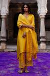 Buy_Charu Makkar_Mustard Silk, Shantoon, Organza Embroidery, Zari V-neck Wamiqa Kurta Set _at_Aza_Fashions