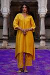 Charu Makkar_Mustard Silk, Shantoon, Organza Embroidery, Zari V-neck Wamiqa Kurta Set _Online