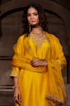 Charu Makkar_Mustard Shantoon, Organza Embroidery, Zari V-neck Juhika Kurta Set _Online_at_Aza_Fashions