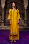 Charu Makkar_Mustard Shantoon, Organza Embroidery, Zari V-neck Juhika Kurta Set _at_Aza_Fashions