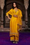Buy_Charu Makkar_Mustard Shantoon, Organza Embroidery, Zari V-neck Juhika Kurta Set 