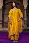 Buy_Charu Makkar_Mustard Shantoon, Organza Embroidery, Zari V-neck Juhika Kurta Set _at_Aza_Fashions
