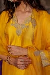 Shop_Charu Makkar_Mustard Shantoon, Organza Embroidery, Zari V-neck Juhika Kurta Set 