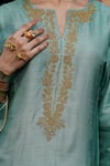 Buy_Charu Makkar_Green Silk, Organza Embroidery, Lace, Zari Split V-neck Prabh Kurta Set _Online_at_Aza_Fashions