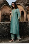 Shop_Charu Makkar_Green Silk, Organza Embroidery, Lace, Zari Split V-neck Prabh Kurta Set _Online_at_Aza_Fashions