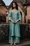 Charu Makkar_Green Silk, Organza Embroidery, Lace, Zari Split V-neck Prabh Kurta Set _at_Aza_Fashions
