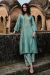 Buy_Charu Makkar_Green Silk, Organza Embroidery, Lace, Zari Split V-neck Prabh Kurta Set 