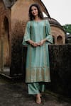 Charu Makkar_Green Silk, Organza Embroidery, Lace, Zari Round Neck Alizeh Kurta Set _at_Aza_Fashions