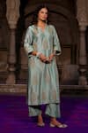 Shop_Charu Makkar_Green Silk, Organza Embroidery, Zari V-neck Mahika Kurta Set _Online_at_Aza_Fashions