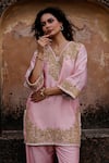 Shop_Charu Makkar_Pink Silk, Organza Embroidery V-neck Jasmin Kurta Set _Online_at_Aza_Fashions