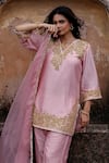 Charu Makkar_Pink Silk, Organza Embroidery V-neck Jasmin Kurta Set _at_Aza_Fashions