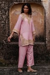 Buy_Charu Makkar_Pink Silk, Organza Embroidery V-neck Jasmin Kurta Set 