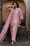 Buy_Charu Makkar_Pink Silk, Organza Embroidery V-neck Jasmin Kurta Set _at_Aza_Fashions